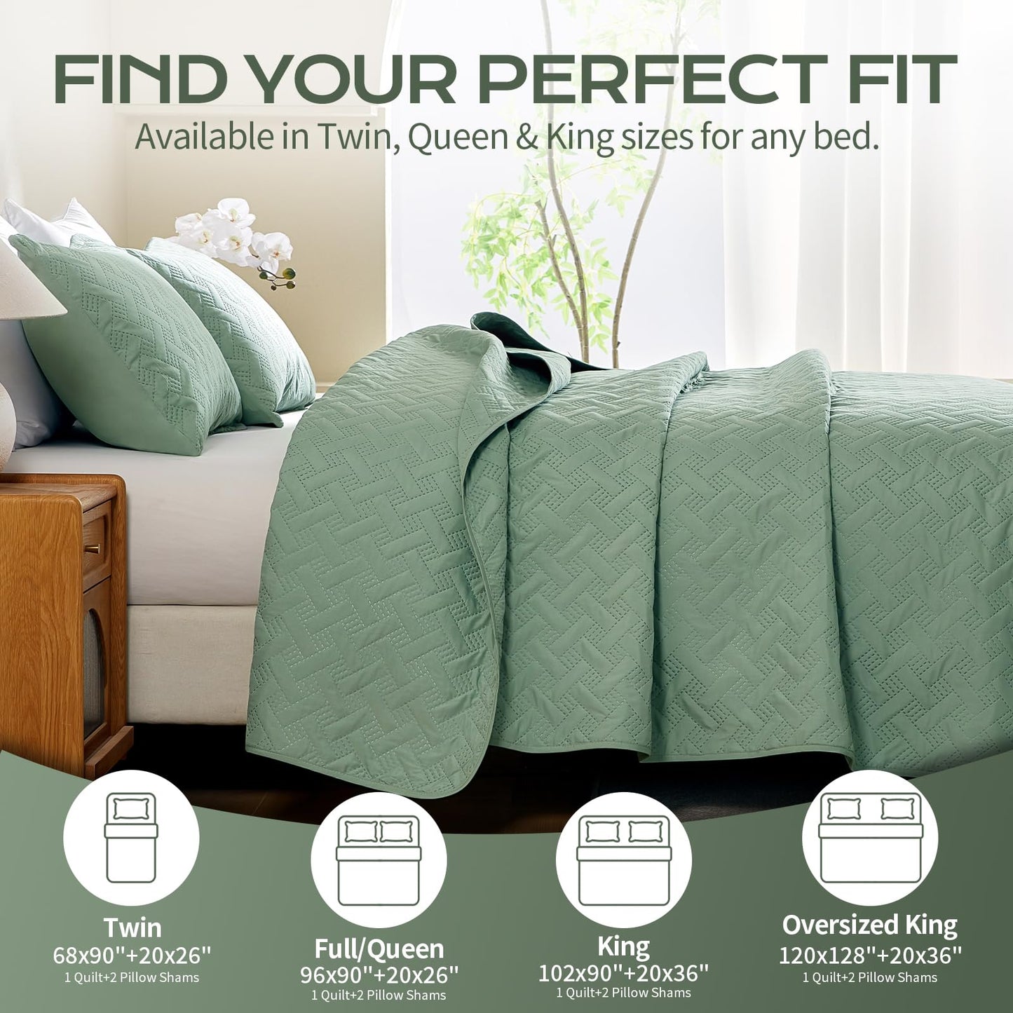 JYHOPE Sage Green Twin Quilt Set 68x90 Lightweight Microfabric Bedspread, 3-Piece Quilt Bedding with Pillow Shams, Summer Cooling Quilts, Ribbon Wrapped Gift