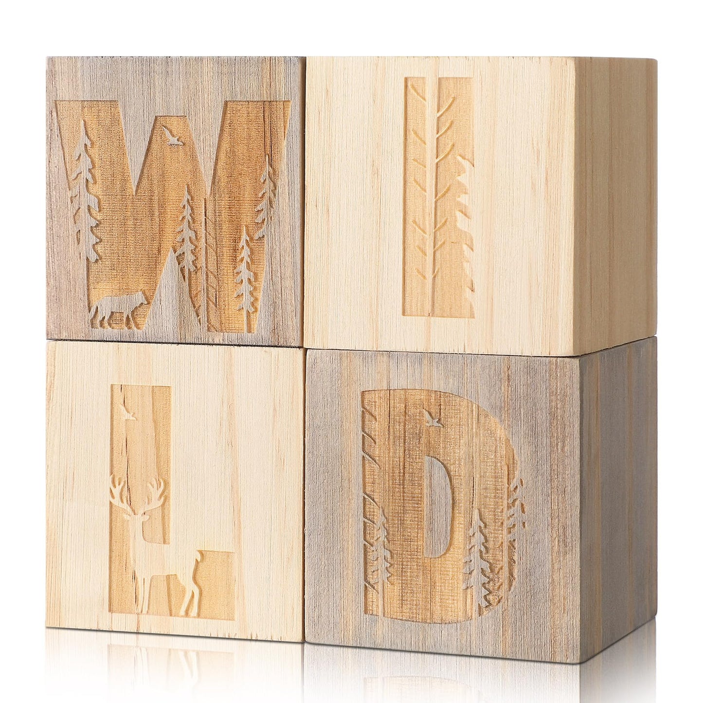 RattanView 4 Pcs 2.4 Inch Woodland Wild Nursery Wood Decor Nursery Wood Shelf Blocks for Bedroom Playroom Gifts Wild Sign Woodland Table Blocks Decor for Boys Girls
