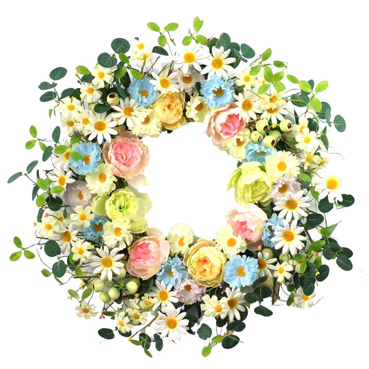 JINGHONG 24” Artificial Flower Wreath,Daisy and Rose Wreath Colorful Spring/Summer Floral Wreaths for Front Door Wall Window and Holiday Festival Party Banquet Wedding Decor