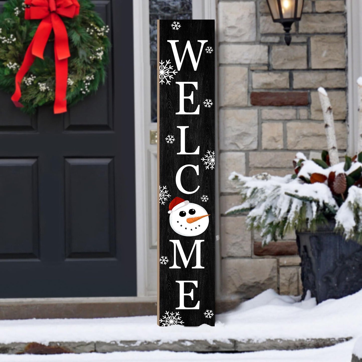 Winter Welcome Sign Vertical Porch Sign with Snowman and Snowflakes Black Wood Outdoor Christmas Holiday Decor for Home Outdoor Yard Party