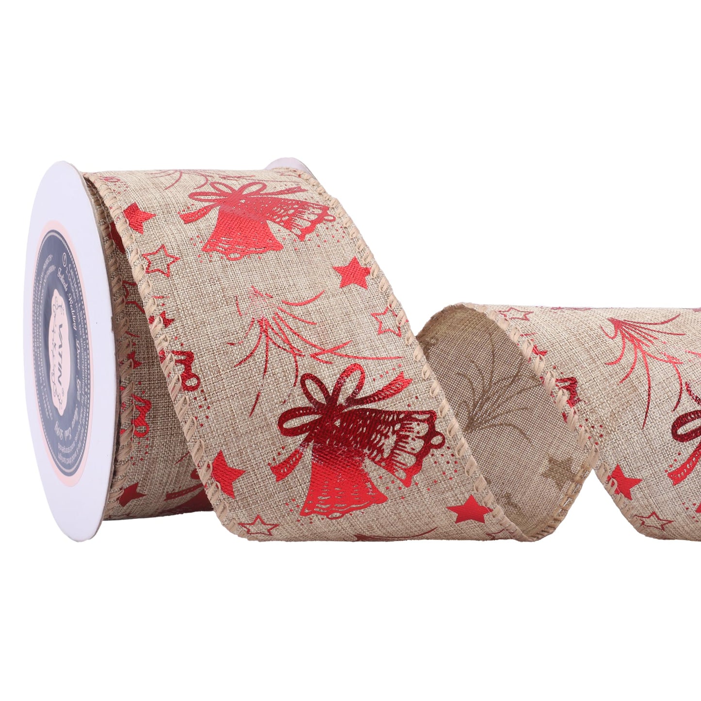 VATIN Star and Jingle Bells Christmas Wired Ribbon, 2-1/2 Inch x Continuous 10 Yards Spool Tree Ribbon for Topper Bow, Christmas Wreath, Tree Decoration, Gift Wrapping