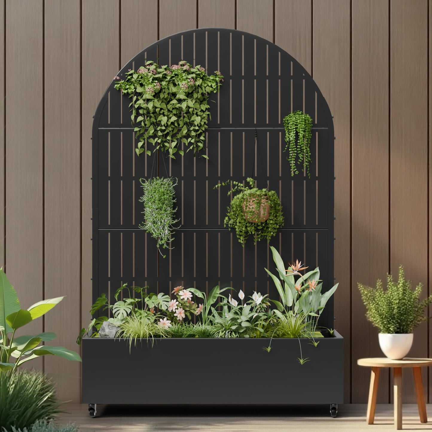 Casaphoria Metal Raised Garden Bed with Trellis and Wheels, 72"x47"x16" Arched Planter Box for Climbing Plants, Vegetables & Vines, Features Drainage Holes and Privacy Screen (Black-Fence)
