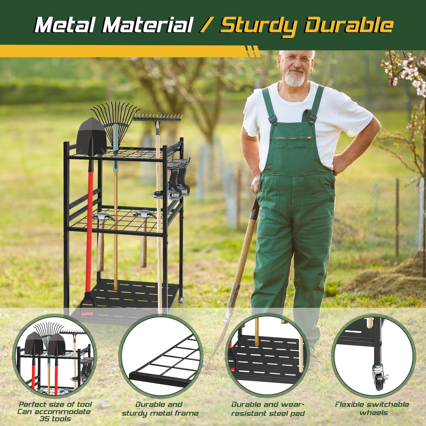 THESEATOP Garden Tool Organizer, 3-Tier Yard Tool Storage Rack with 35 Slots & 3 Hooks, Heavy Duty Garage Organizer for Shovels, Rakes & Brooms (33.6" x 11.5" x 17")