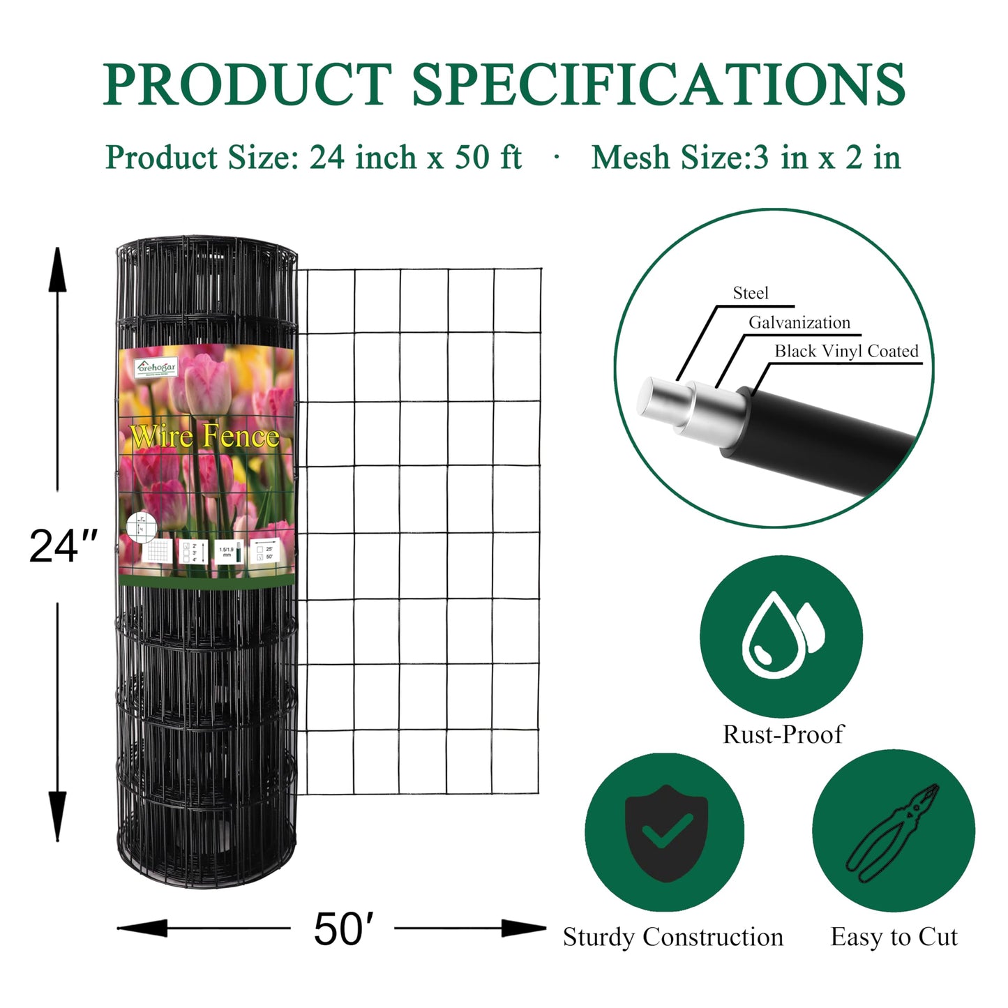 FOREHOGAR Black PVC Coated Welded Wire Fence 24 Inch x 50 Foot, 2 Inch x 3 Inch 16GA, Garden Border Fencing Roll Vinyl Coating Metal Wire Mesh for Yard Vegetable Plant Protection Poultry Netting