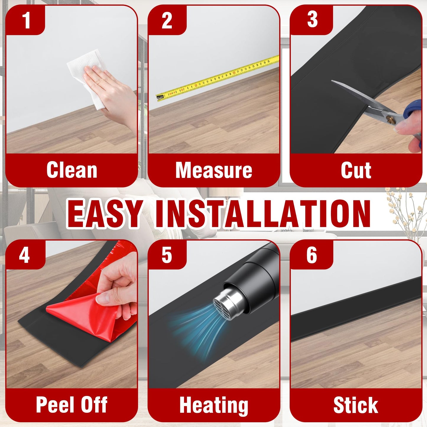 Vinyl Baseboard Molding Trim 4 Inch x 20 Feet Peel and Stick Baseboard Trim Flexible PVC Cove Base Moulding Self-Adhesive Trim for Garage Bathroom Cabinet Floor Walls, Black