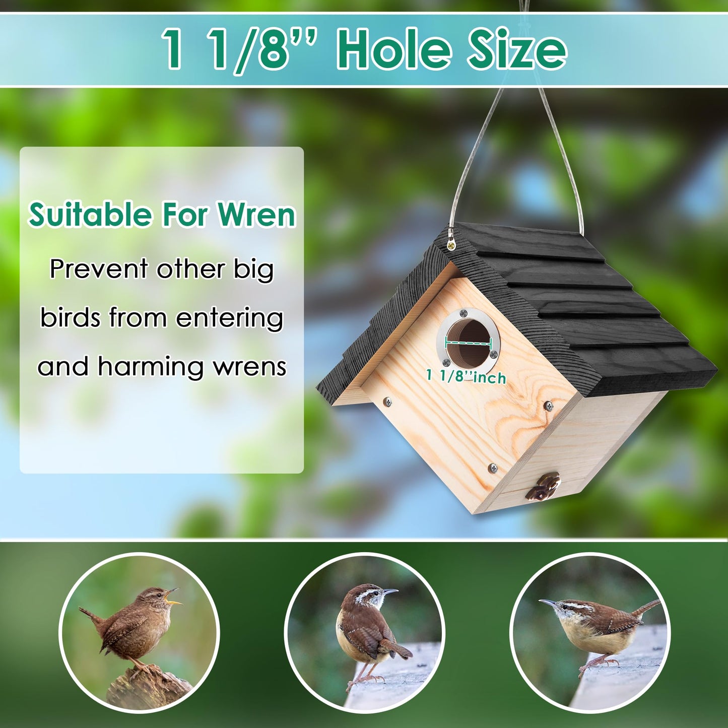 Dreyoo 4 Pack Wren House, 1-1/8'' Entrance Hole Hanging Wooden Wren Bird Houses for Outside with Metal Guard, Air Vents, Pine Wood for Chickadees(Black)