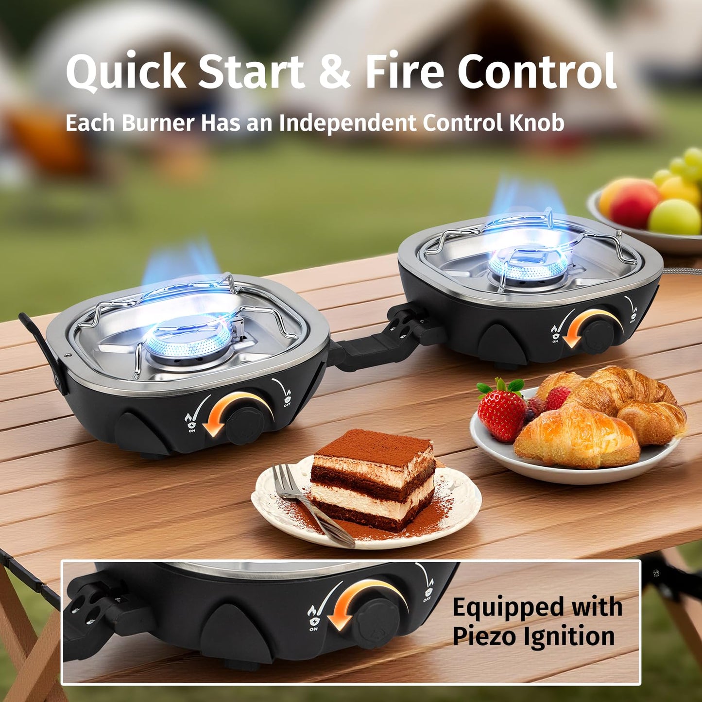 INFOOD Propane Camping Stove 20,000 BTU - Portable 2 Burner Gas Stove with Adjustable Flame Control, Piezo Ignition, Carry Bag & Propane Adapter Hose, Folding Design for Camp, BBQ, Tailgating, Black