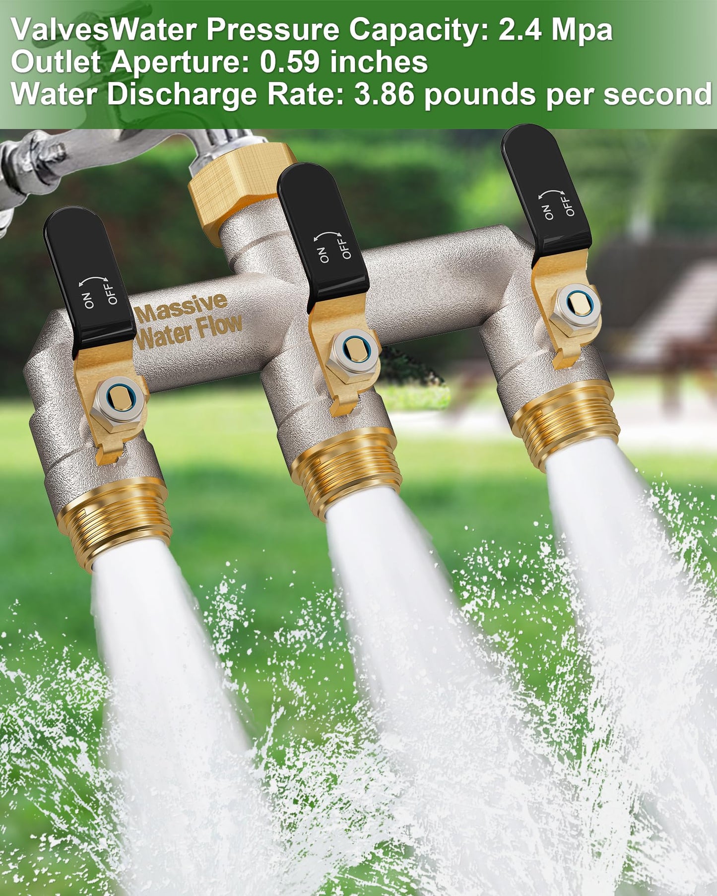 3 Way Hose Splitter Heavy Duty, Garden Hose Splitter with 3 Long Handle, Full Flow Brass Nickel Plated Water Hose T Spigot Splitter Adapter Connector, 3/4 - Inch GHT Thread (Black)