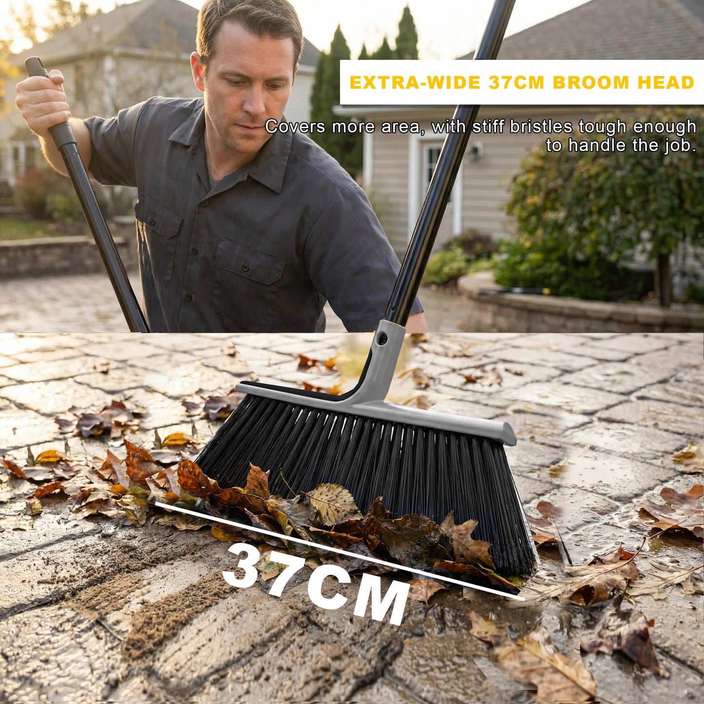 BSMstone Large Angle Brooms Indoor Outdoor Broom with Long Handle Stiff Bristle Sweeper for Kitchen Garage Deck Courtyard Lobby Patio Lawn Leaves (Gray)