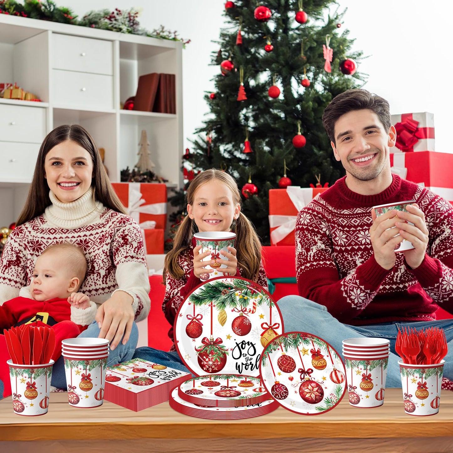 Joy To The World Christmas Tableware, 144Pcs Joy To The World Christmas Decorations includes Xmas Plates and Ball Napkins, Happy Holiday Plates and Napkins for Xmas Holiday Party