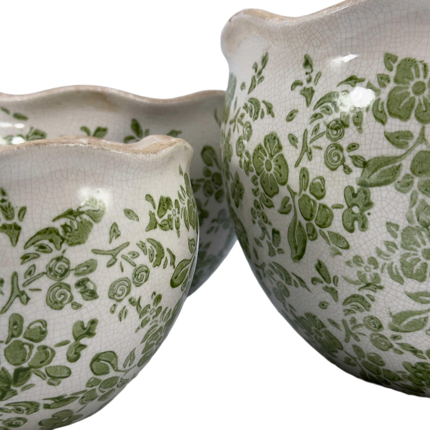 Galt International Ceramic Plant Pots Set of 3 Rustic Vintage Farmhouse Cream Crackle Glaze (11"/ 9.6"/ 7") Garden Indoor Outdoor Flower Planter w/Drainage Hole (Vintage Green)