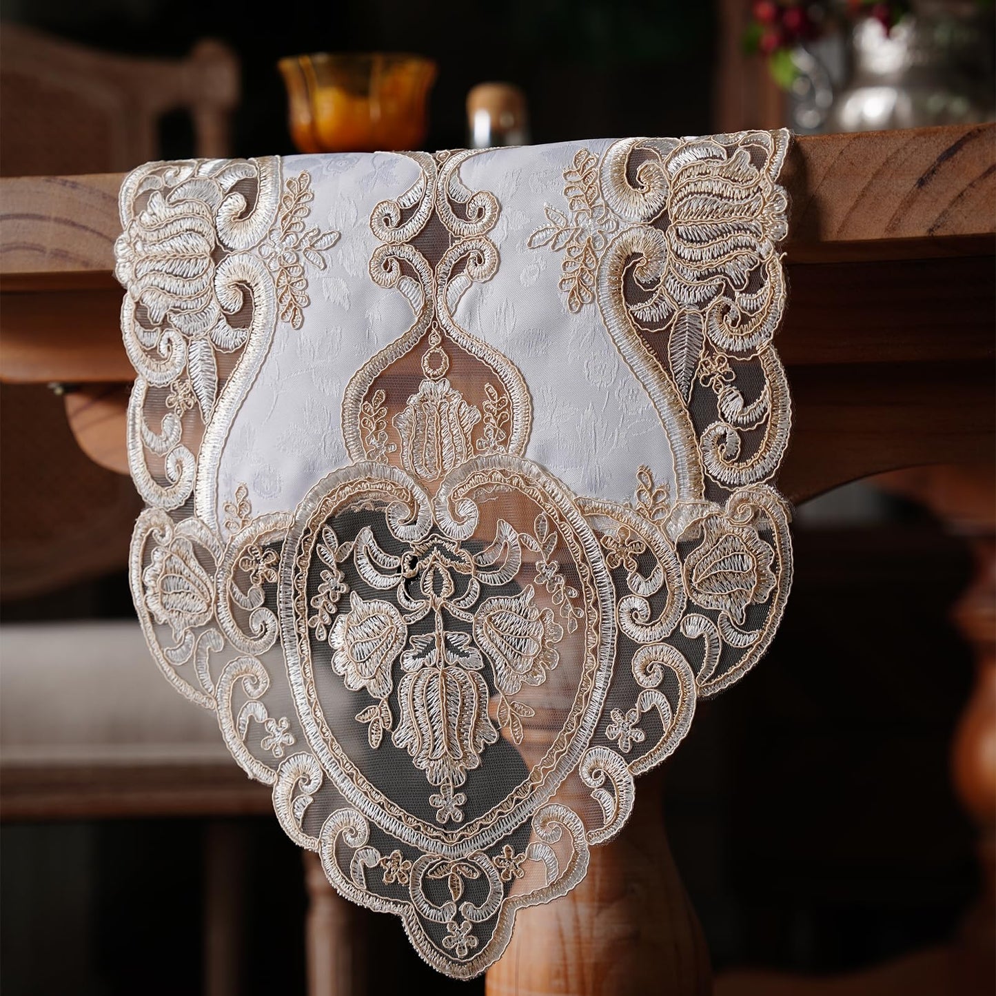 Artbloss Elegant Embroidered Lace Table Runner with Ornate Gold Floral Design Sheer Decorative Runner for Dining Table Wedding Reception Holiday Decor (Champagne Gold, 12“ x 124")
