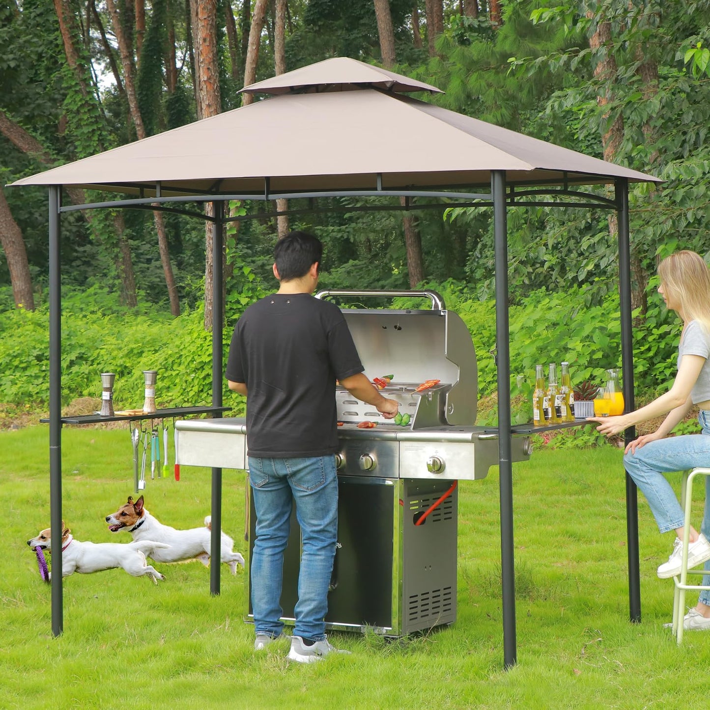 FAB BASED 5x8 Grill Gazebo, All-Weather Steel Construction, Double Tiered & Resistance Canopy Roof, Metal Serving Shelves, 2 LED and Bottle Opener for Patio, Backyard, BBQ (Beige)