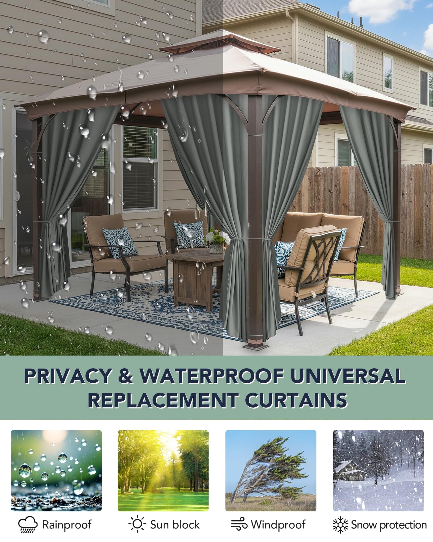 RichSets Gazebo Curtains Outdoor Waterproof - 10'Wx10'Lx7'H Weatherproof Patio Pergola Outside Curtains, Gazebo Universal Replacement Privacy Curtains, 4 Panels Sidewall Drapes with Zipper, Grey