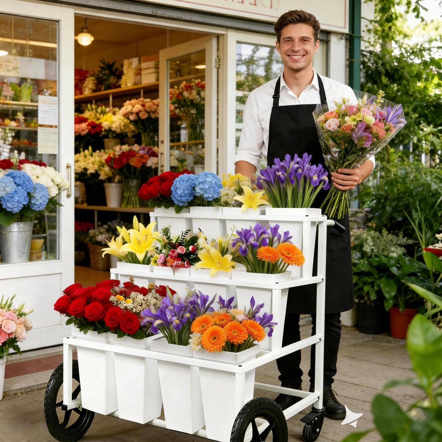 Heavy Duty Flower Cart Display Stand with Large Wheels and Handles, Metal Flower Plant Stand with 12 Buckets, Moving Flower Bouquet Holder for Farmers Market Stand, Flower Bar Supplies for Patio Garden Florist Wedding (White, L33.4*W31.4*H*40.5in)