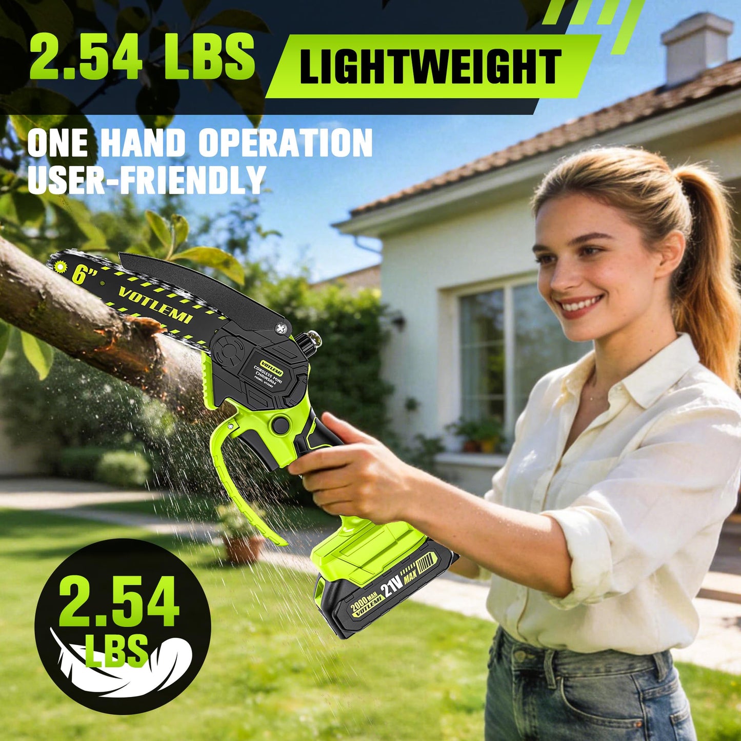 VOTLEMI Mini Chainsaw Cordless, 6 Inch Electric Chainsaw with 2000MAH Battery, 1000W Handheld Battery Powered Chain Saw with Auto Oiler, Gifts for Wood Cutting/Tree Trimming