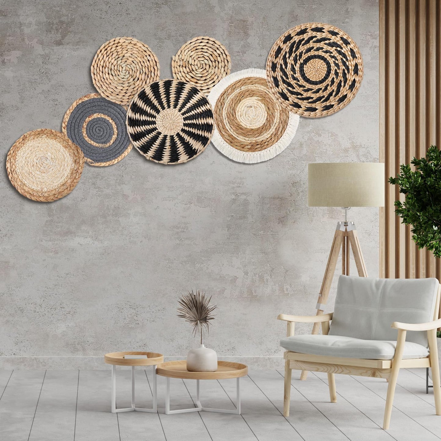 CroBlissful 7 Pcs Boho Wall Basket Decor Hanging Handcrafted Seagrass Woven Round Bohemian Basket Wall Decoration Art for Farmhouse Home Room Rustic Decorations Table, Multi Sizes(Classic)