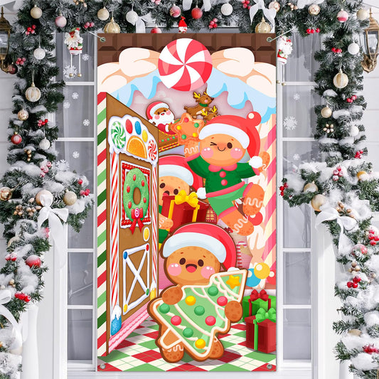 HABDJILTY Christmas Door Cover Decoration, Gingerbread House Door Cover Christmas Door Hanging Banner Xmas Eve Decoration Indoor for Xmas Winter Party Front Door Porch Decor, 71 * 35 inches