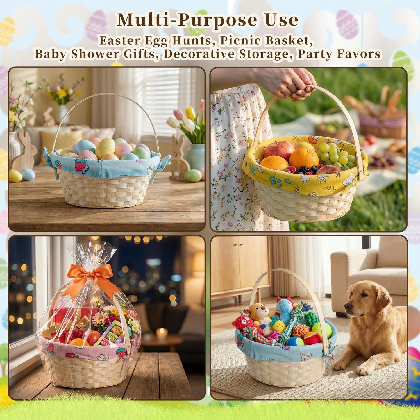 Lanpn Natural Bamboo Easter Basket 3PCS with Removable Bunny Fabric Liner and Raffia Grass for Egg Hunt Candy Picnic Seasonal Decoration (Yellow Pink Blue)