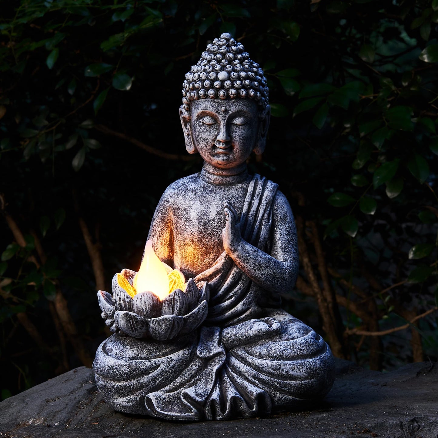 Yiosax Solar Buddha Statue - Outdoor Zen Sculpture With Flickering LED Lotus Light - Waterproof Garden Decor Gift - 11.81 Inch