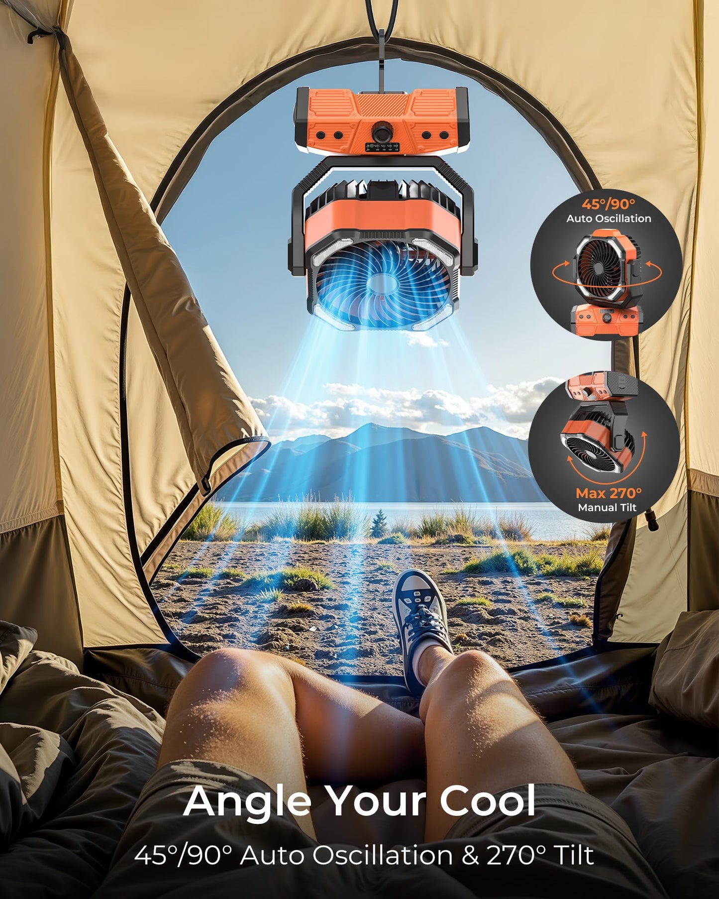8” Portable Rechargeable Fan, Battery Operated Camping Fan with 27H Work Hours, Remote, Auto Oscillation, Timer, Hook for RV Tent Hurricane Emergency Orange