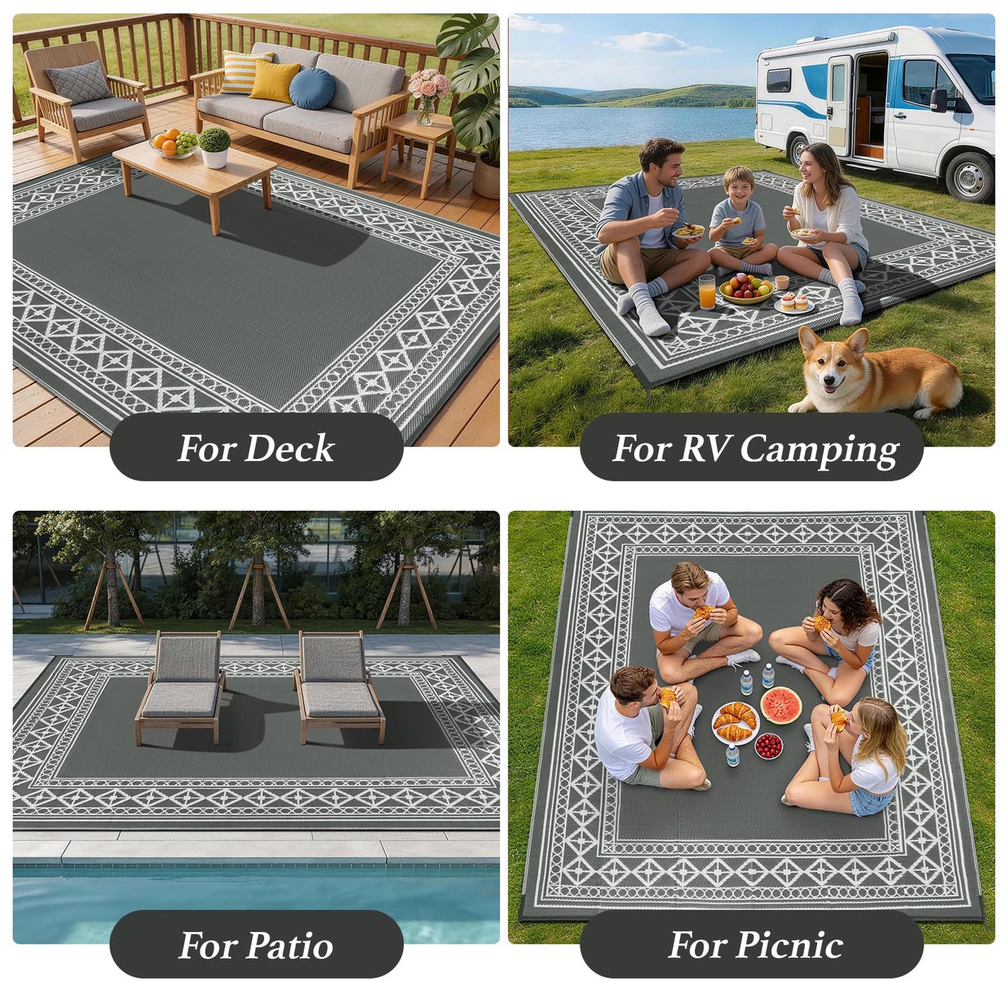 LBRO2M Waterproof Outdoor Rugs 8X10 for Patio Outdoor Plastitc Straw Rug Reversible Outdoor Border Rugs RV Rug for Deck, Pinic, Beach (8X10, Gray)