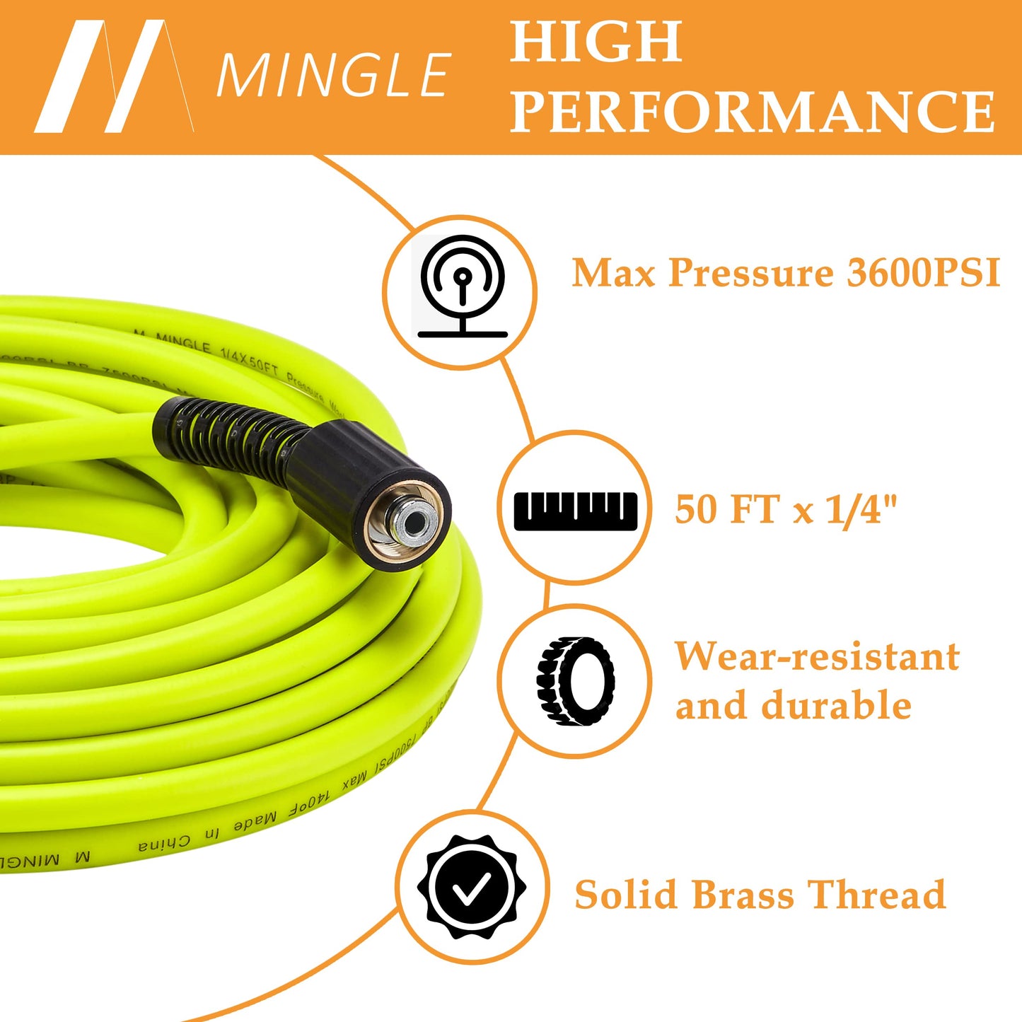 M MINGLE Pressure Washer Hose 50 FT x 1/4" - Replacement Power Wash Hose with Quick Connect Kits - High Pressure Hose with M22 14mm Fittings - 3600PSI