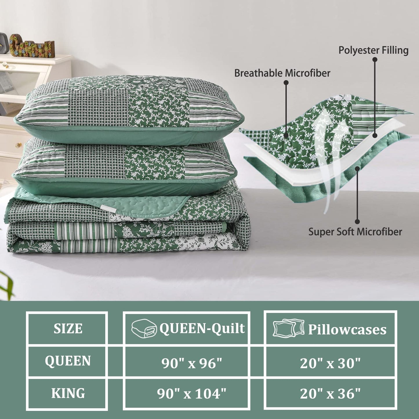 Mybedsoul Green Boho Queen Quilt Set, 3-Piece Reversible Soft Plaid Floral Bedding Set with 2 Pillow Shams - Sage Green Queen Size Quilt Bedspread Coverlet Set 90” x 96”