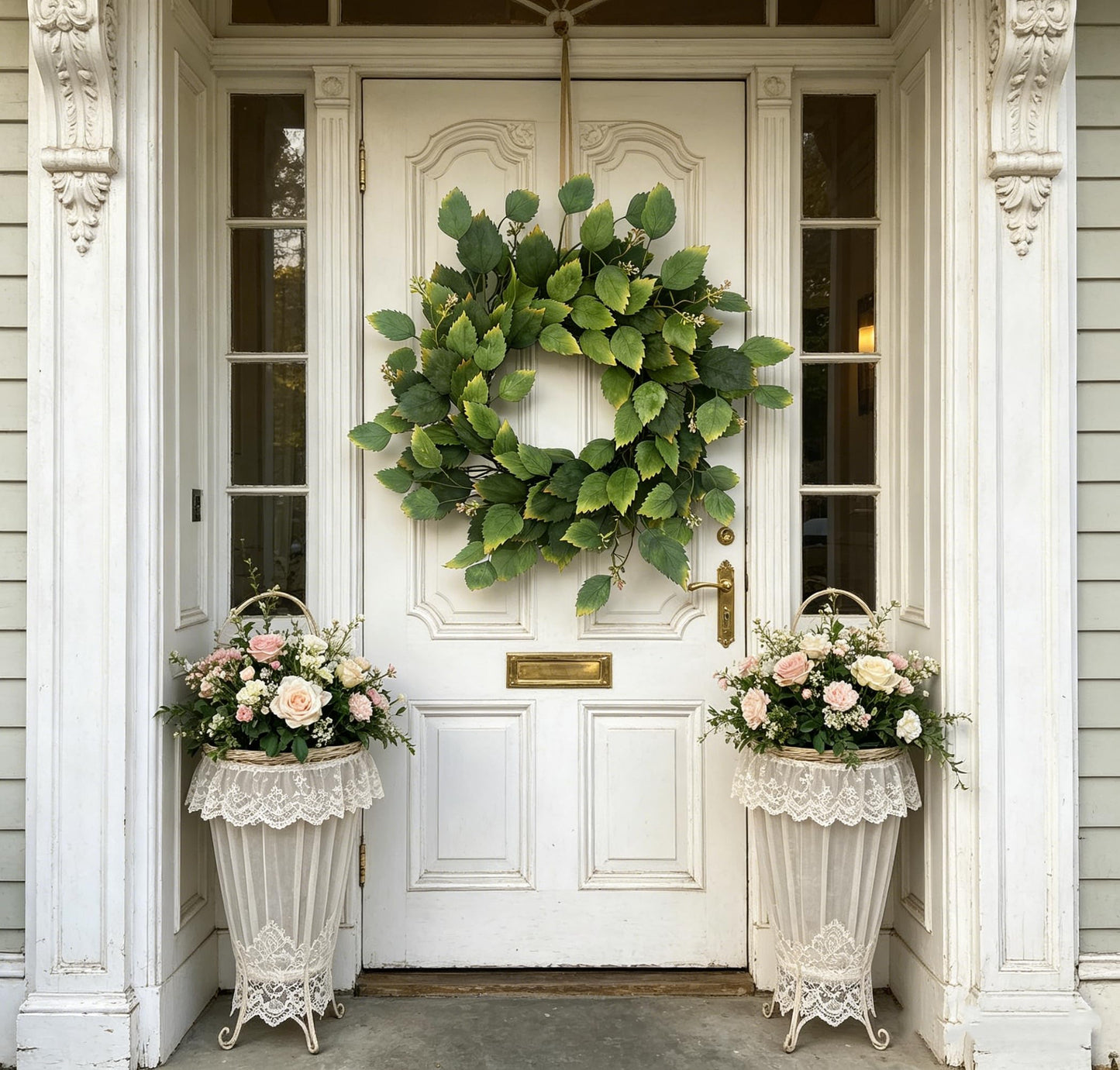 26" Green Hibiscus & Eucalyptus Leaf Wreath for Front Door - Large Artificial Greenery Outdoor Wreath for Porch, Window, Farmhouse, Home, Holiday, Hanging Decor - Spring, Summer, Fall, All Seasons