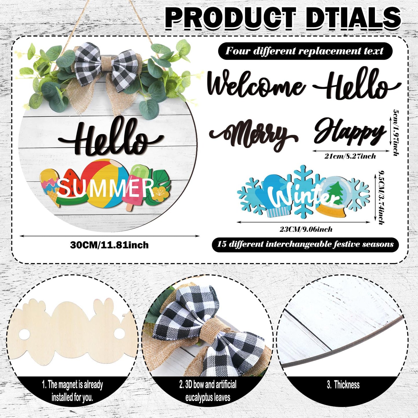 Burbell 20 Pieces Interchangeable Welcome Sign for All Seasons Seasonal Front Door Decor with 4 Pcs Sign and 15 Pcs Changeable Icons Farmhouse Front Porch Rustic Holiday Wooden Door Decor(White)