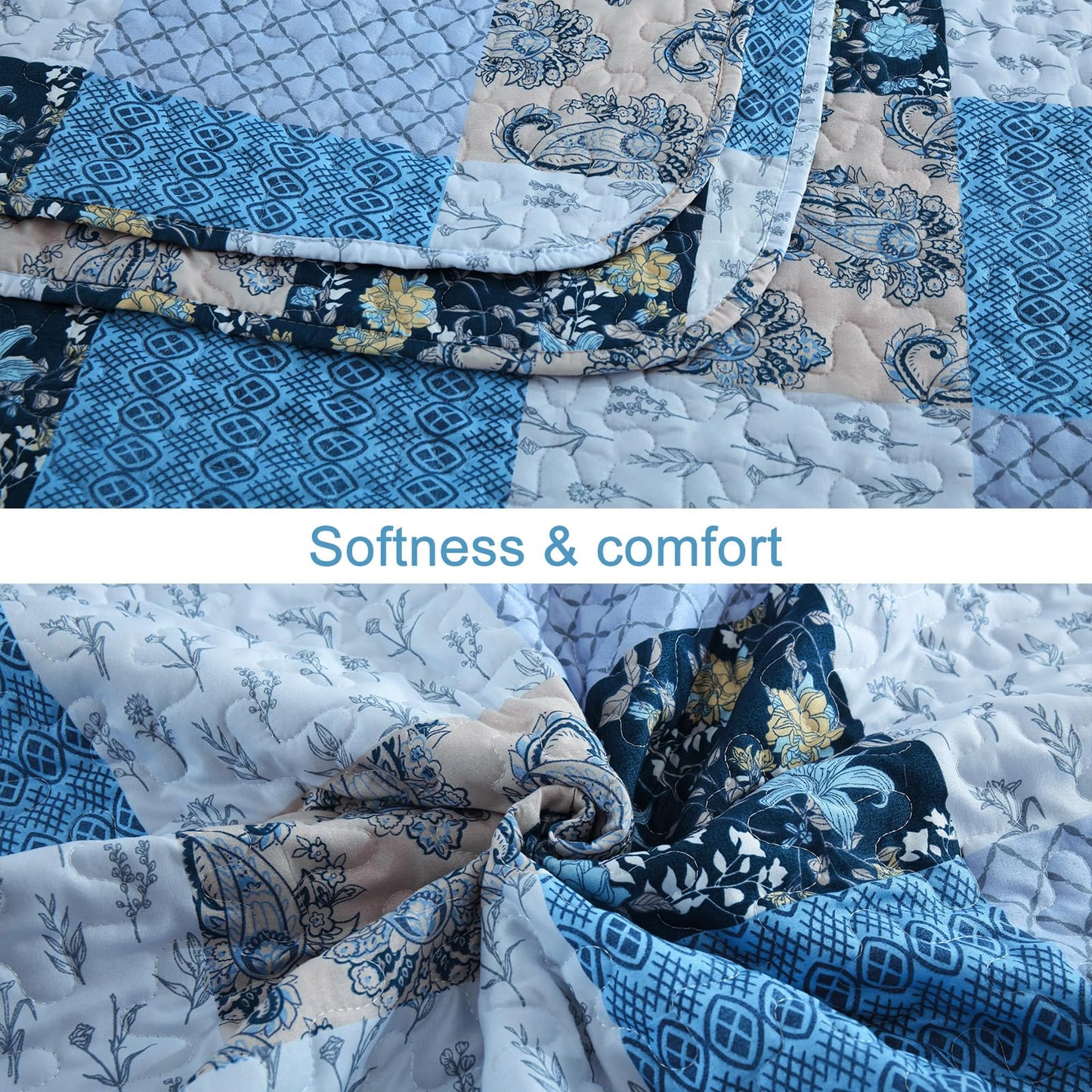 Xruibed Blue Quilt Set Queen Size 3 Pieces Plaid Floral Boho Bedspread Coverlet Set Patchwork Pattern Reversible Bedding Set Soft Microfiber Bedspread Set Queen for All Season(Queen 96"x90")
