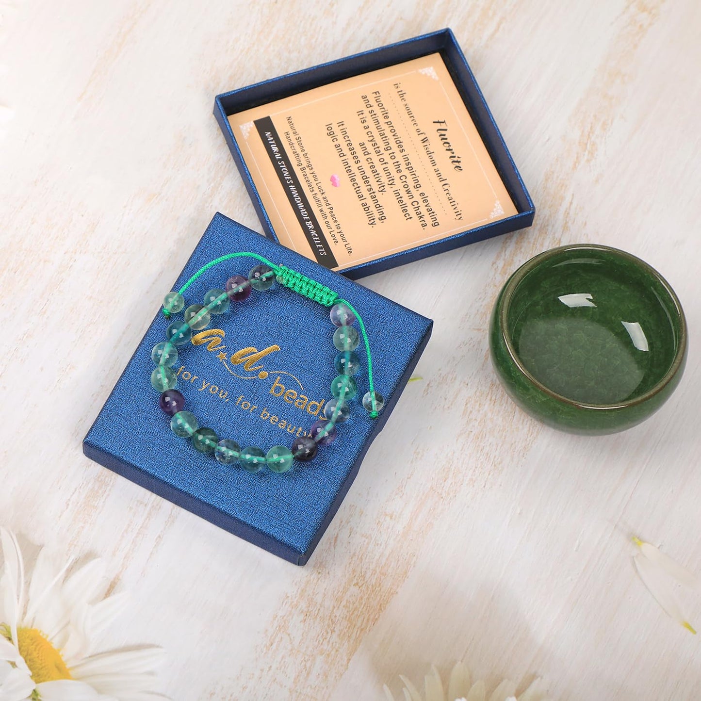8mm Fluorite Bracelet - Stone of is the source of Wisdom and Creativity - Handmade Natural Stone Crystal Bracelet with Adjustable Macrame String - Yoga Healing Power Energy Gifts for Men and Women