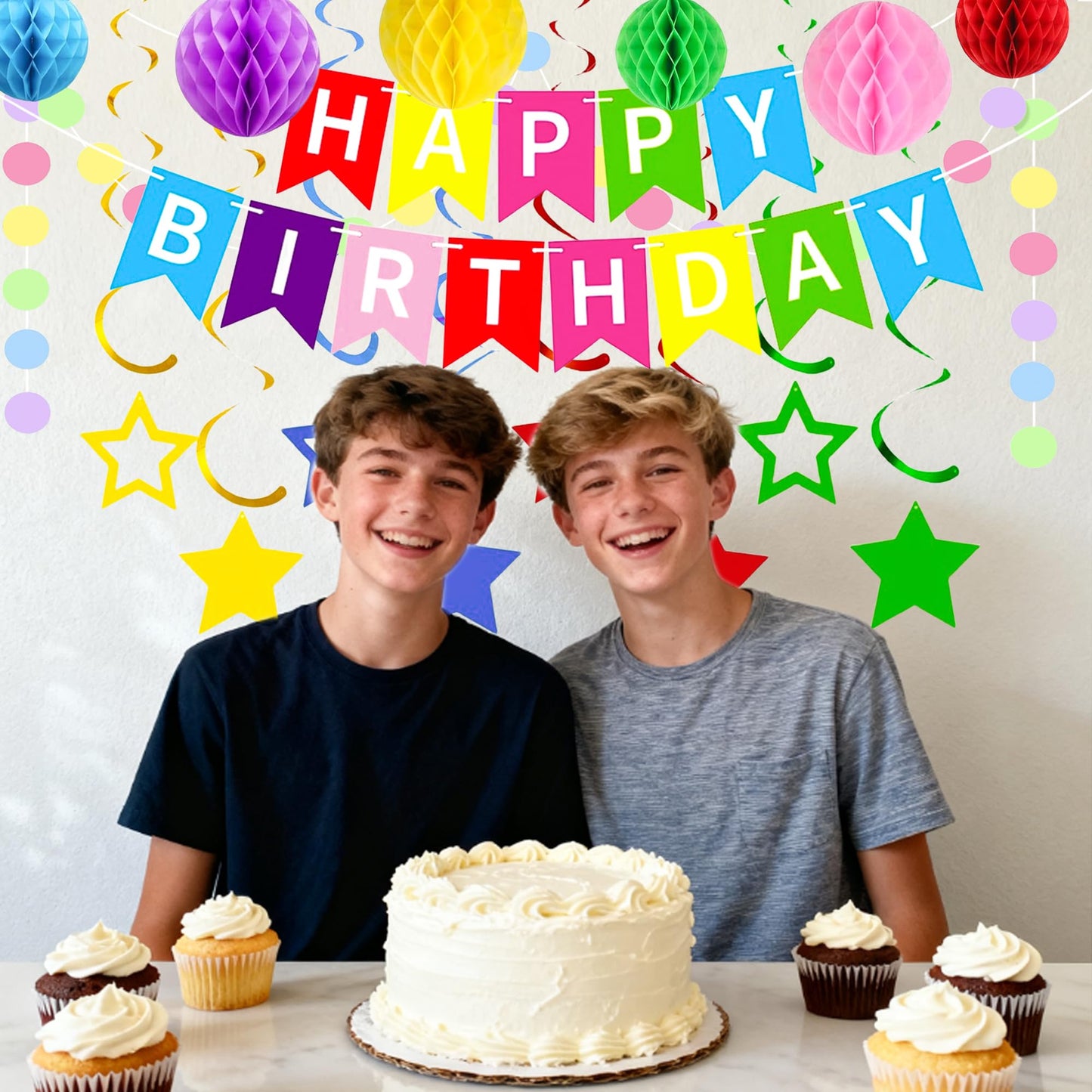 XXFBJNMD Colorful Birthday Banner with Honeycomb Balls, Stars, Swirl Streamers, Circle Dots Garland for Birthday Party