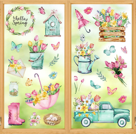 Whaline 75 Pcs Spring Summer Tulip Window Clings Tulip Flower Umbrella Truck Window Stickers Hello Spring Double-Side Glass Decals for Home Office School Party Shop Display Decoration