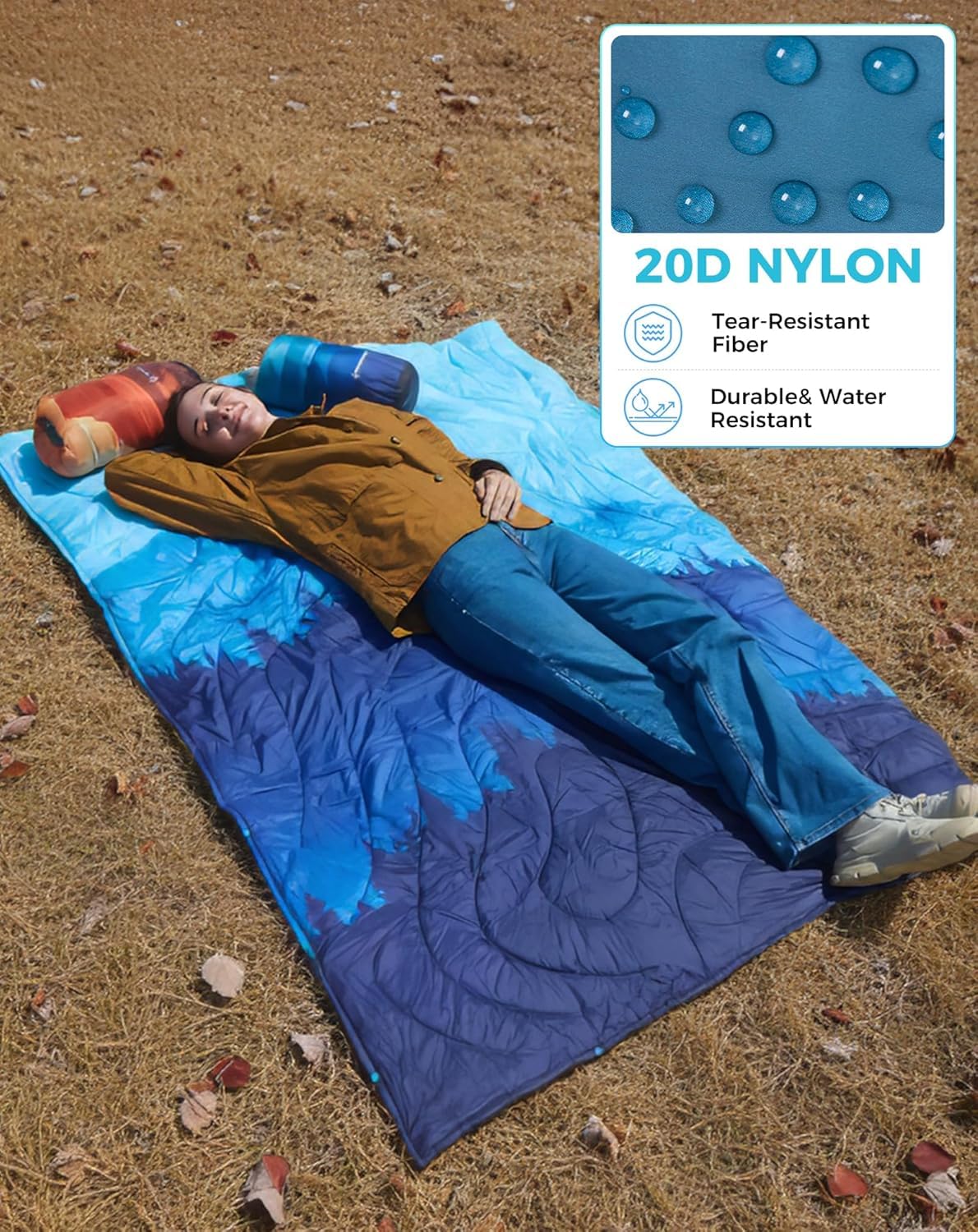 KingCamp Ultralight Camping Blanket, Packable Down Alternative Puffy Printed Wearable Blanket with Snap Buttons & Corner Loops Weatherproof Quilt for Outdoor Travel Stadium (78.7"L x 57.1”W, CYAN)