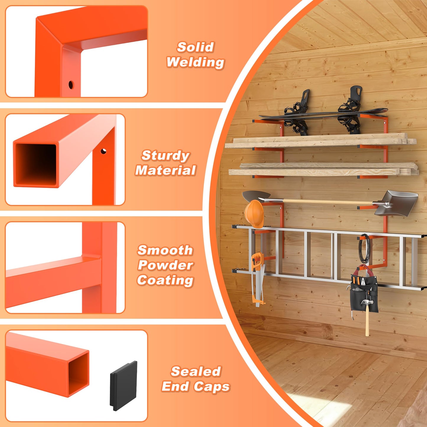 Ultrawall Lumber Storage Rack Wall Mount Wood Storage Racks, Metal Wood Organizer Racks for Shed, Workshop, Garage, Holds Up 220 LBS Per Level (Pack of 4, Orange)