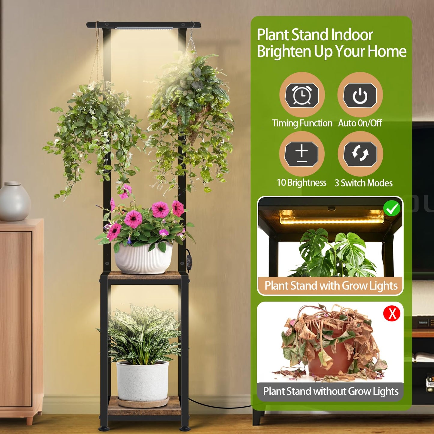 LAIDUOLEOE Plant Stand Indoor with Grow Light, 2 Pack Hanging Plant Stand Plant Shelf Indoor, 65'' Tall Plant Stands Plant Holders for Indoor Plants, Living Room, Bedroom, Balcony