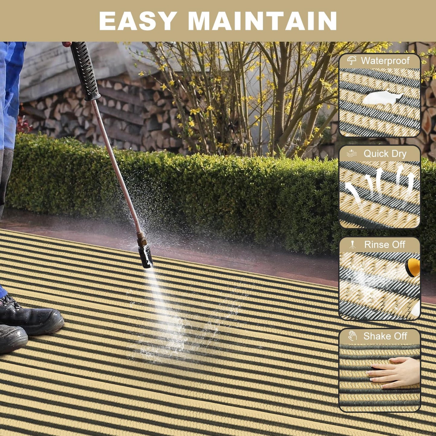 LEEVAN Waterproof Outdoor Rug 8x10 Black and Brown Patio Rug Clearance Large Plastic Straw Backyard Area Rug Striped Camping Outside Mat for Picnic, RV, Deck, Bench, Balcony