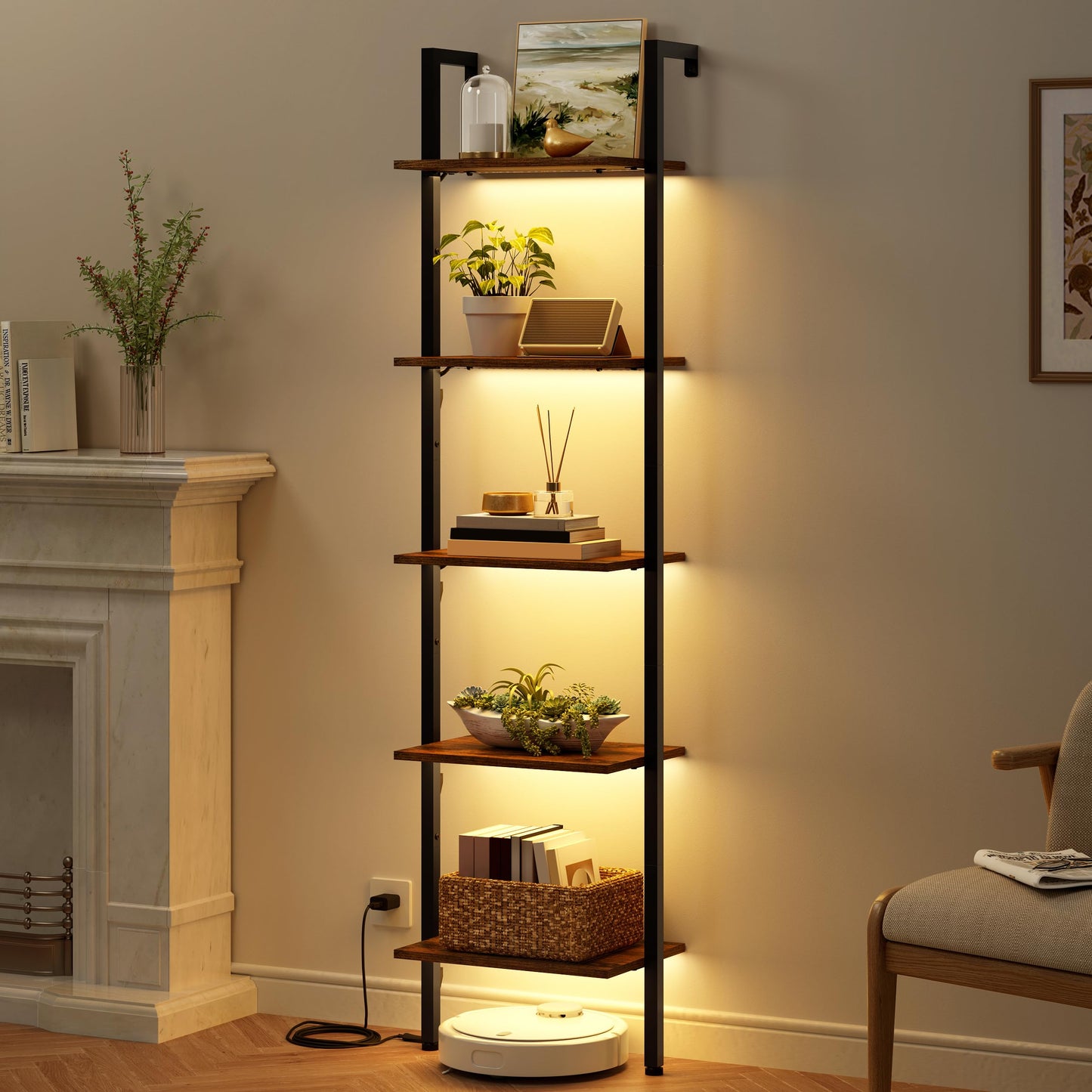 Tajsoon 5-Tier Ladder Shelf with LED Light, Wall Mounted Ladder Bookshelf with Metal Frame, Wall Ladder Bookshelf for Living Room, Bedroom, Office, Rustic Brown