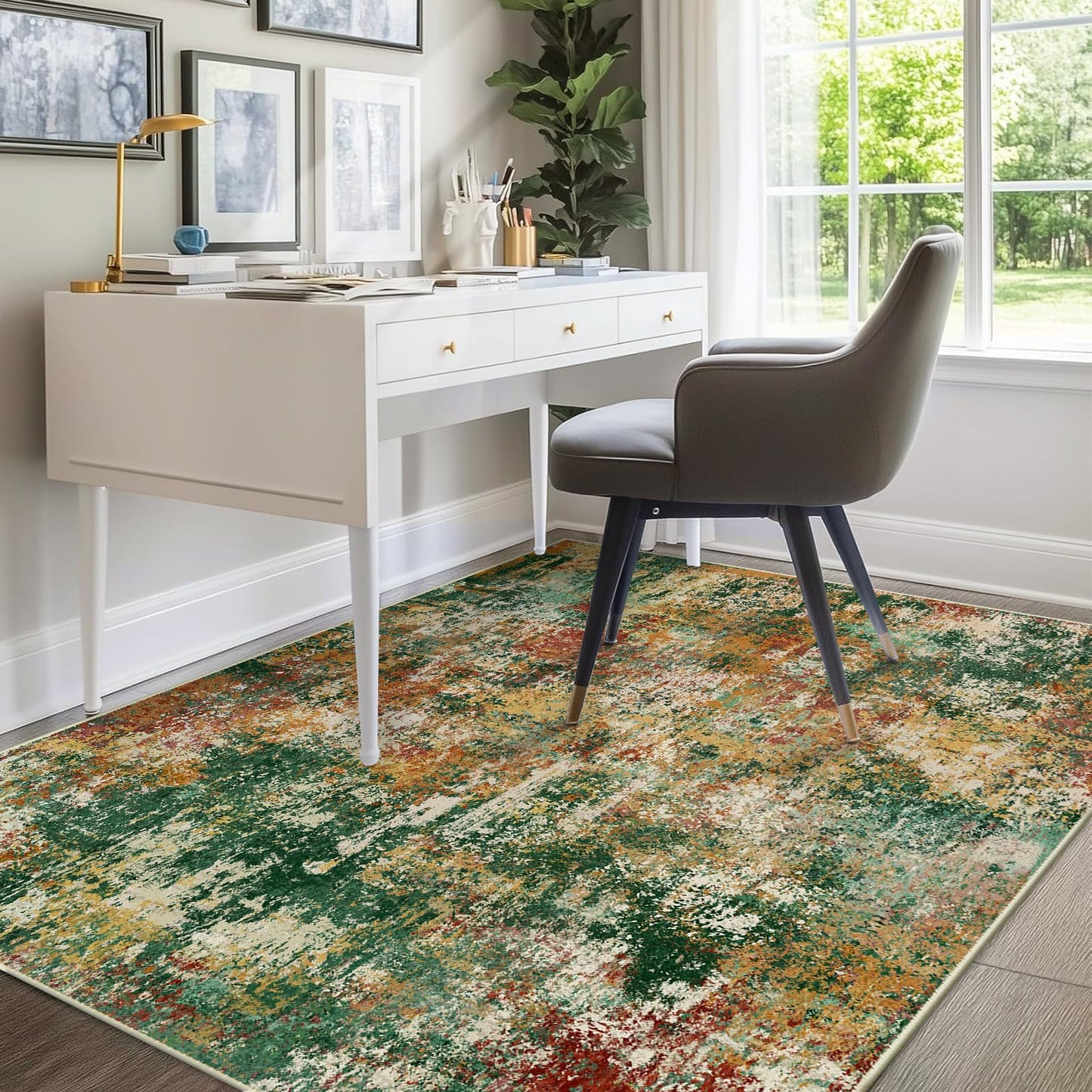 RELEANY Washable Area Rugs 5'x7' Non-Slip Modern Abstract Soft for Living Room Entryway Bedroom Nursery, Print Pattern, Green Orange Rust Red Cream Colorful