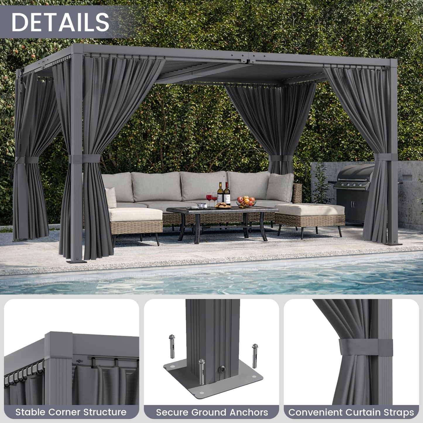SAILARY Louvered Pergola 10' x 13', Outdoor Aluminum Pergola with Reinforced Steel Roof, Heavy-Duty Hardtop Gazebo for Patio Deck, Weatherproof Sun Shade Shelter, Grey