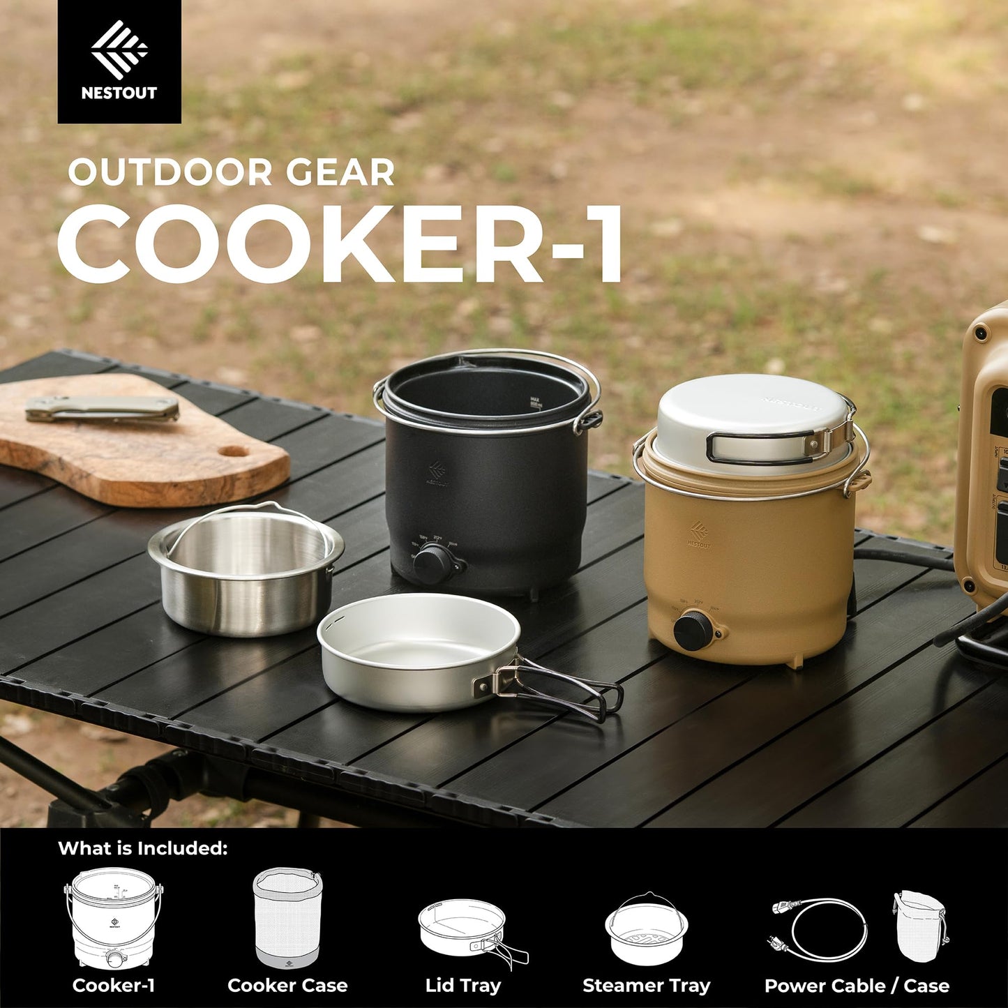 NESTOUT COOKER-1 Electric Cooker 500W Camping Stove, Portable Plug-In for Power Stations, Rice Cooking Mode, 3 Heat Settings, 800ml Capacity, Durable Outdoor Use (Beige)