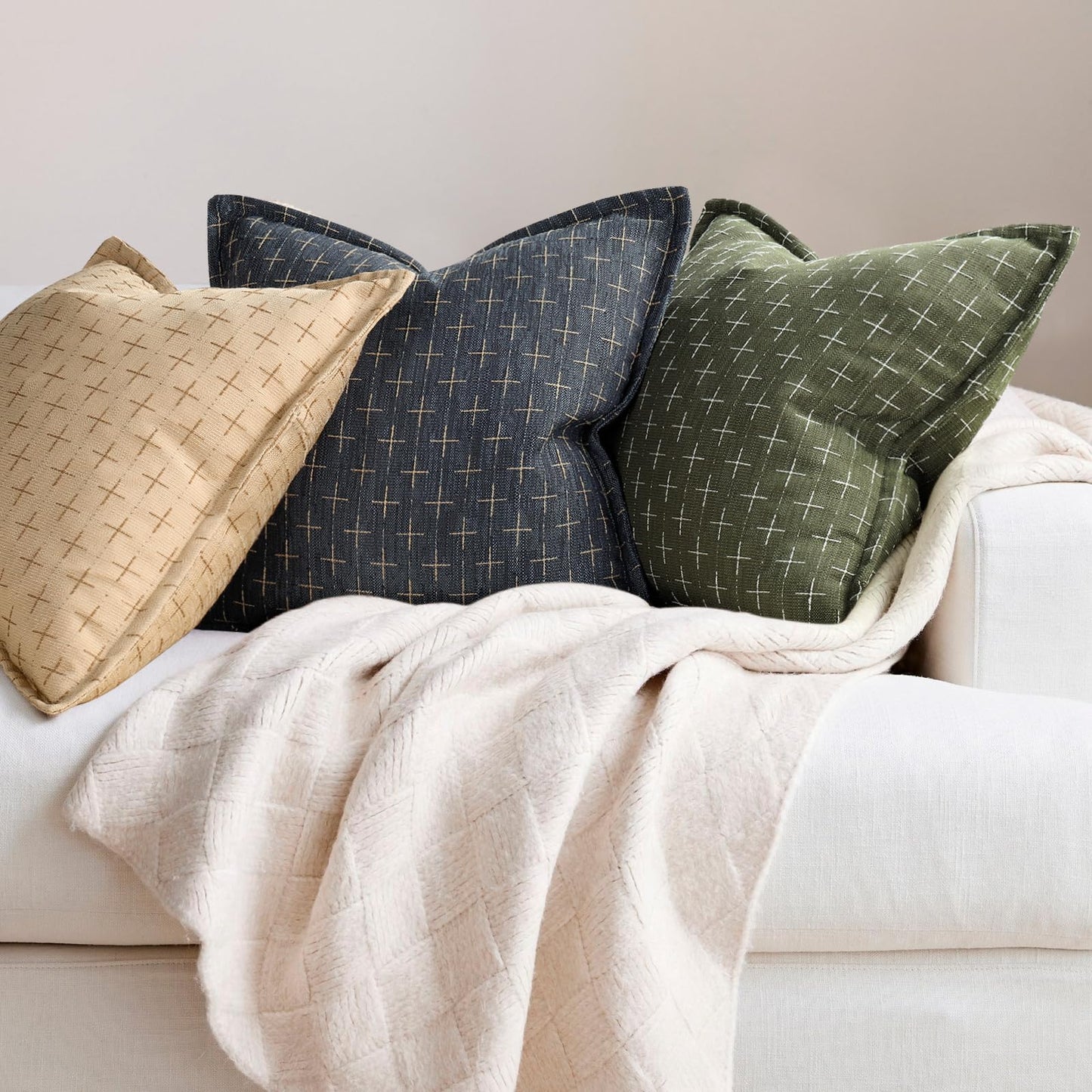 ZWJD Pillow Covers 18x18 Set of 2 Soft Polyester Textured Pillow Covers with Stylish Flange Edge Cozy Farmhouse Throw Pillows for Couch Bed Sofa Living Room