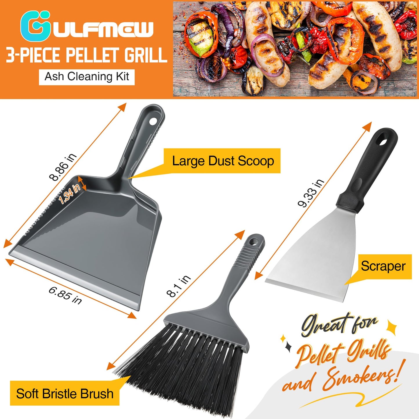 Gulfmew 3 Piece Pellet Grill Ash Cleaning Kit, Includes Large Dust Pan, Soft Bristle Brush and Metal Scraper for Easy Removal of Ash, Debris and Grime
