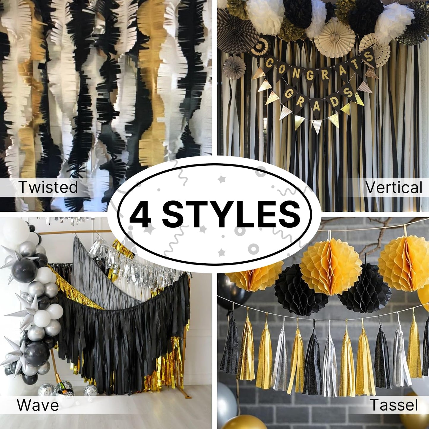 PartyWoo Black Crepe Paper Streamers 4 Rolls 328 ft Pack of Black Crepe Paper for Graduation Halloween New Year Anniversary Birthday Party Decorations (1.8 Inch x 82 Ft/Roll), Black-19