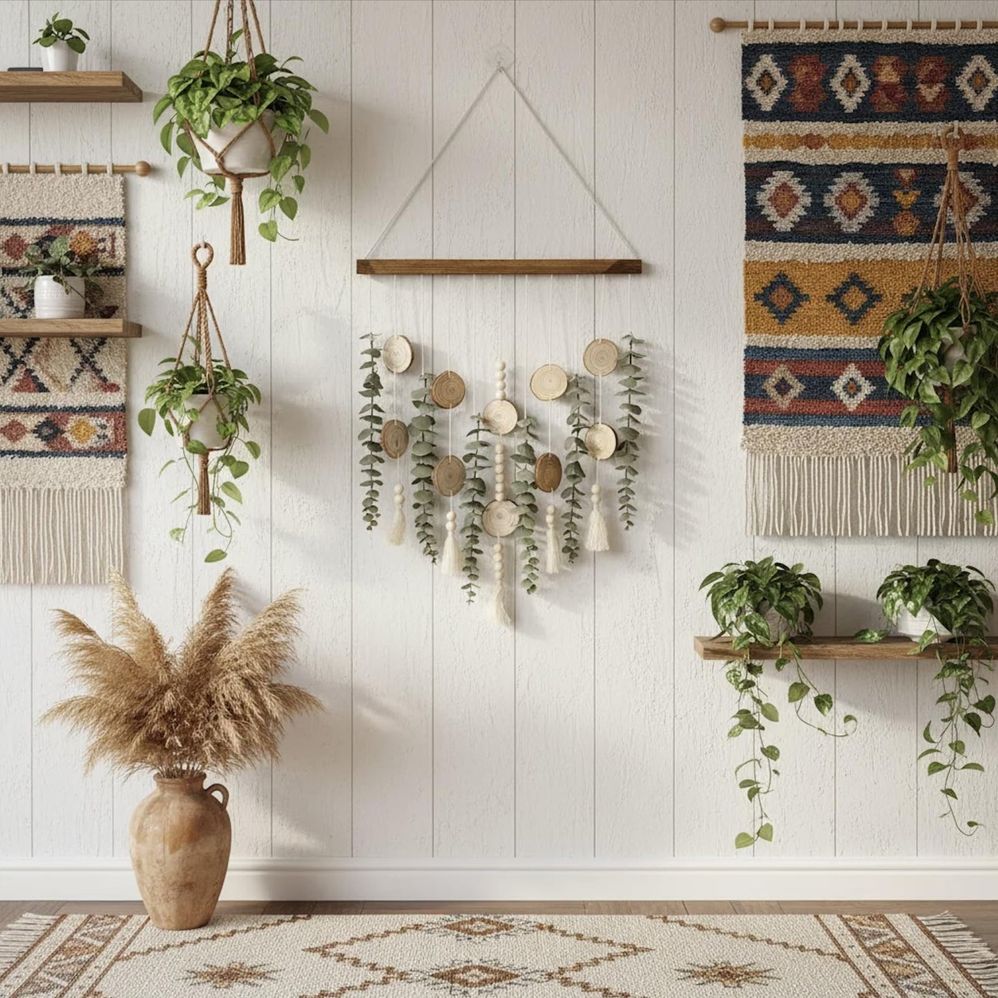Boho Wall Decor Artificial Eucalyptus Wall Hanging Decor Fake Eucalyptus Plants hunging on Carbonized Wooden Stick for Bathroom Bedroom Nursery Living Kitchen Dining Room