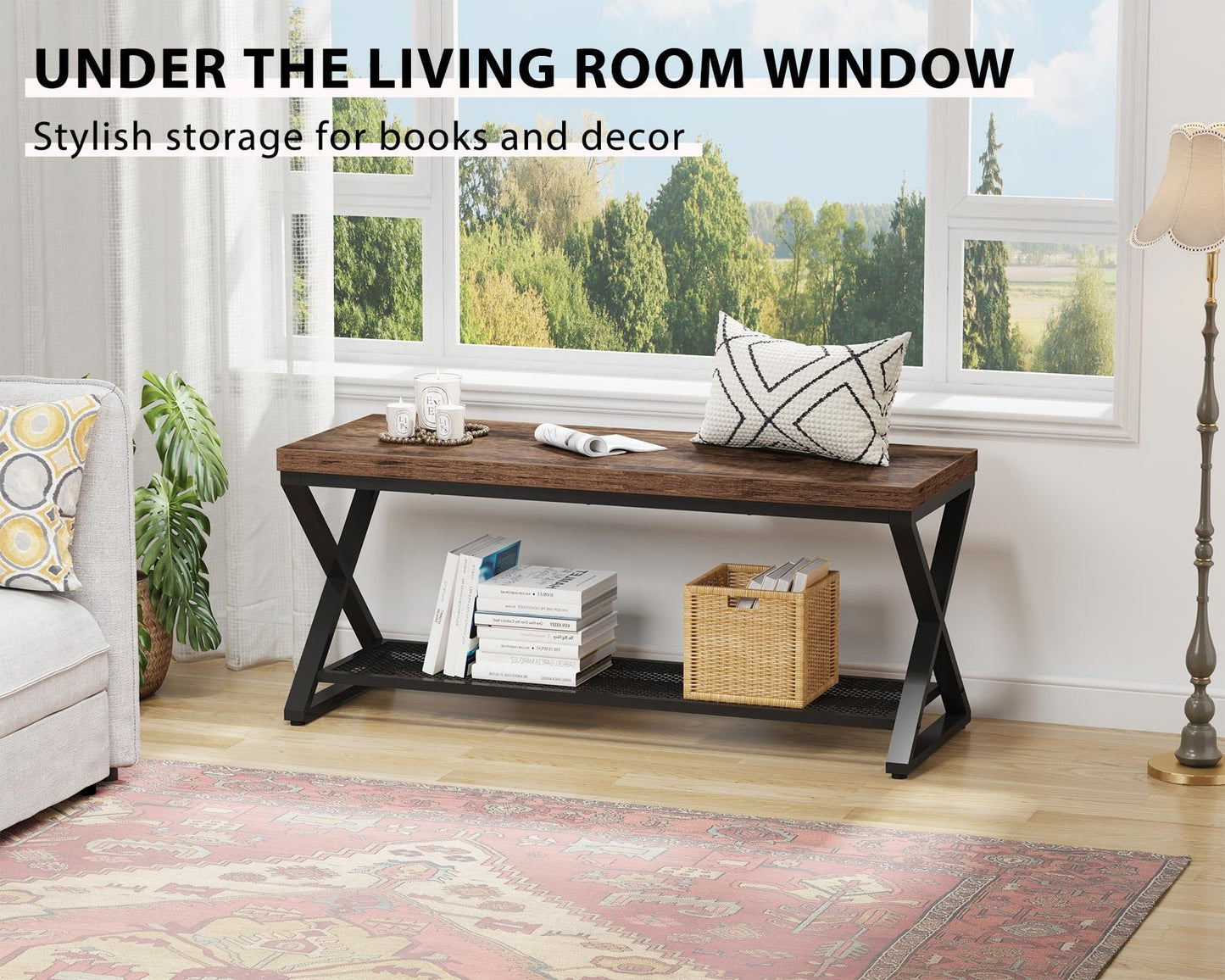 LVB Rustic Entryway Bench with Shoe Storage, Wooden and Metal Shoe Bench with Seating, Industrial Indoor Bench for Living Room Bedroom, Shoe Rack Bench for Foyer Hallway Entrance, Rustic Brown, 39 in