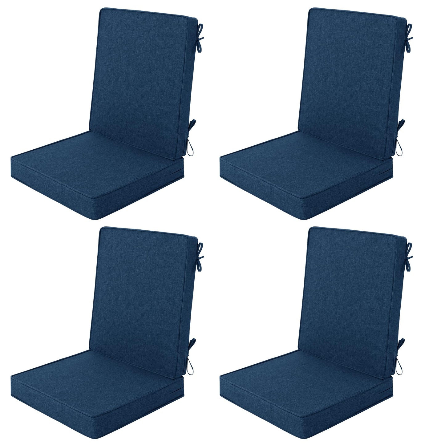 Fitfree Outdoor Chair Cushions 20x20, Water-Resistant & Fade-Resistant, Patio Furniture Lawn Dining Chair Seat Replacement with High Back, Ties Zipper, Removable Cover, Set of 4, Navy Blue