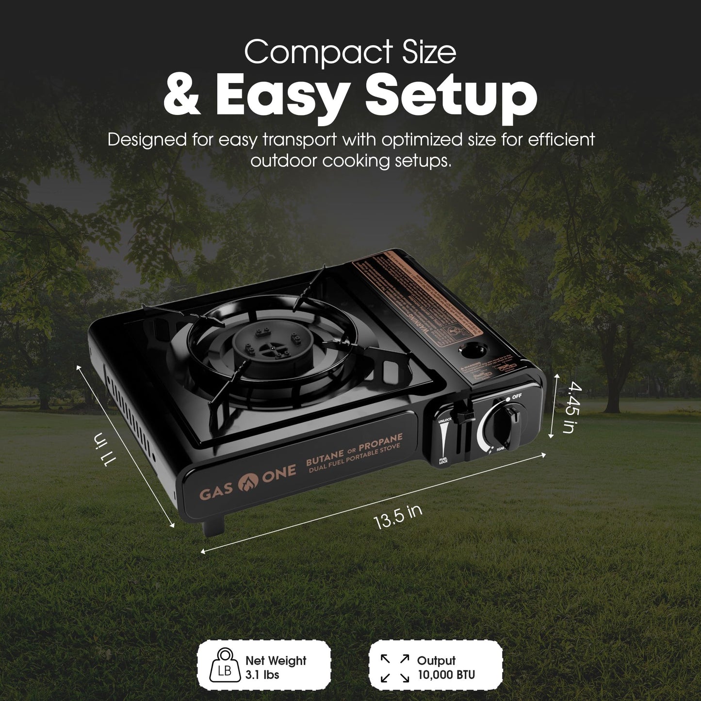 GasOne 10,000 BTU Dual Fuel Camp Stove – Butane and Propane Burner Portable Stove Camping Grill with Adjustable Heat Dial, Carry Case, Automatic Electric Ignition – Safe and Durable Construction