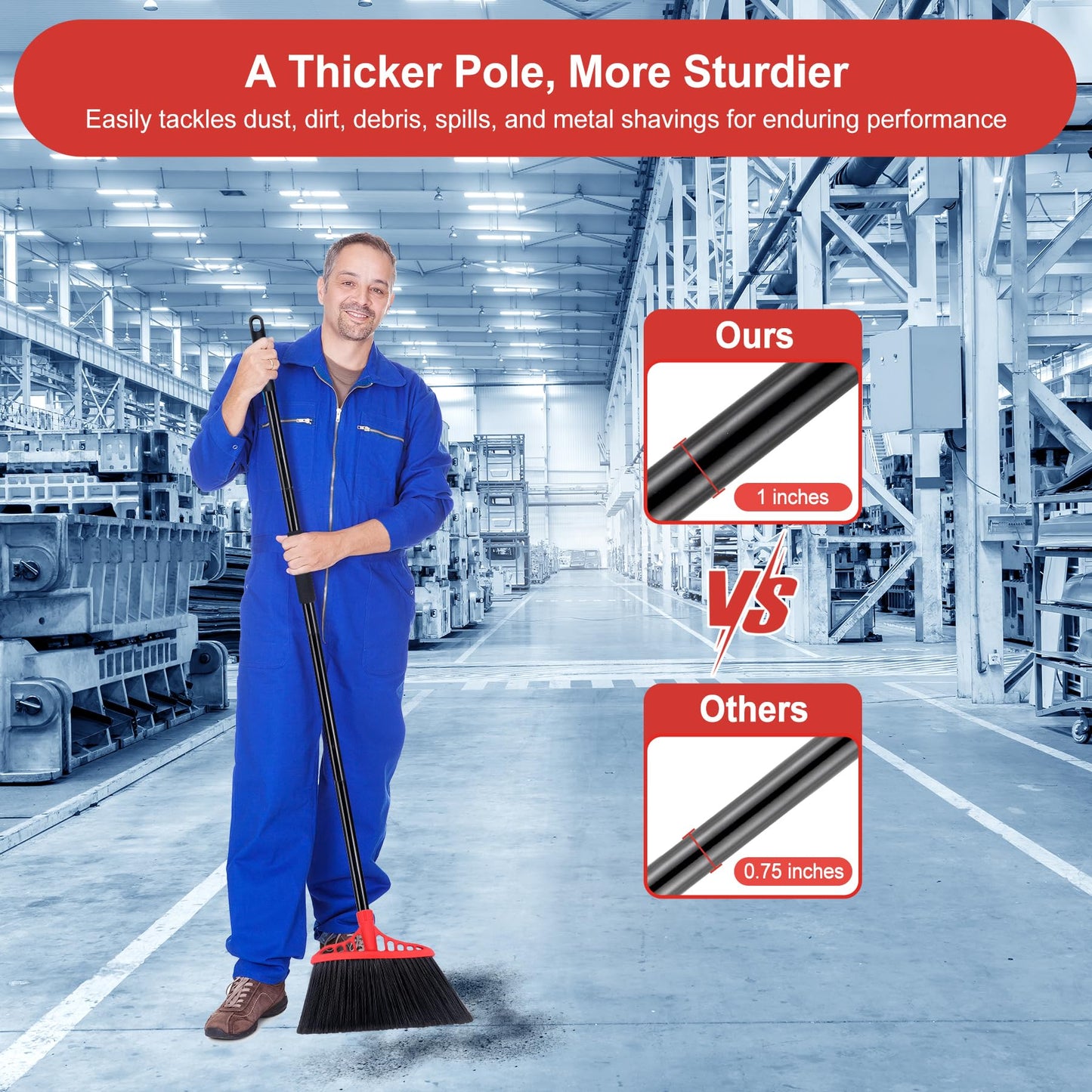 Tiumso Heavy Duty Angle Broom - 55" Adjustable Iron Handle with Stiff Bristles - Commercial-Grade Indoor/Outdoor Broom for Garage, Patio, Kitchen, Sidewalk & Concrete Cleaning (Black & Red)